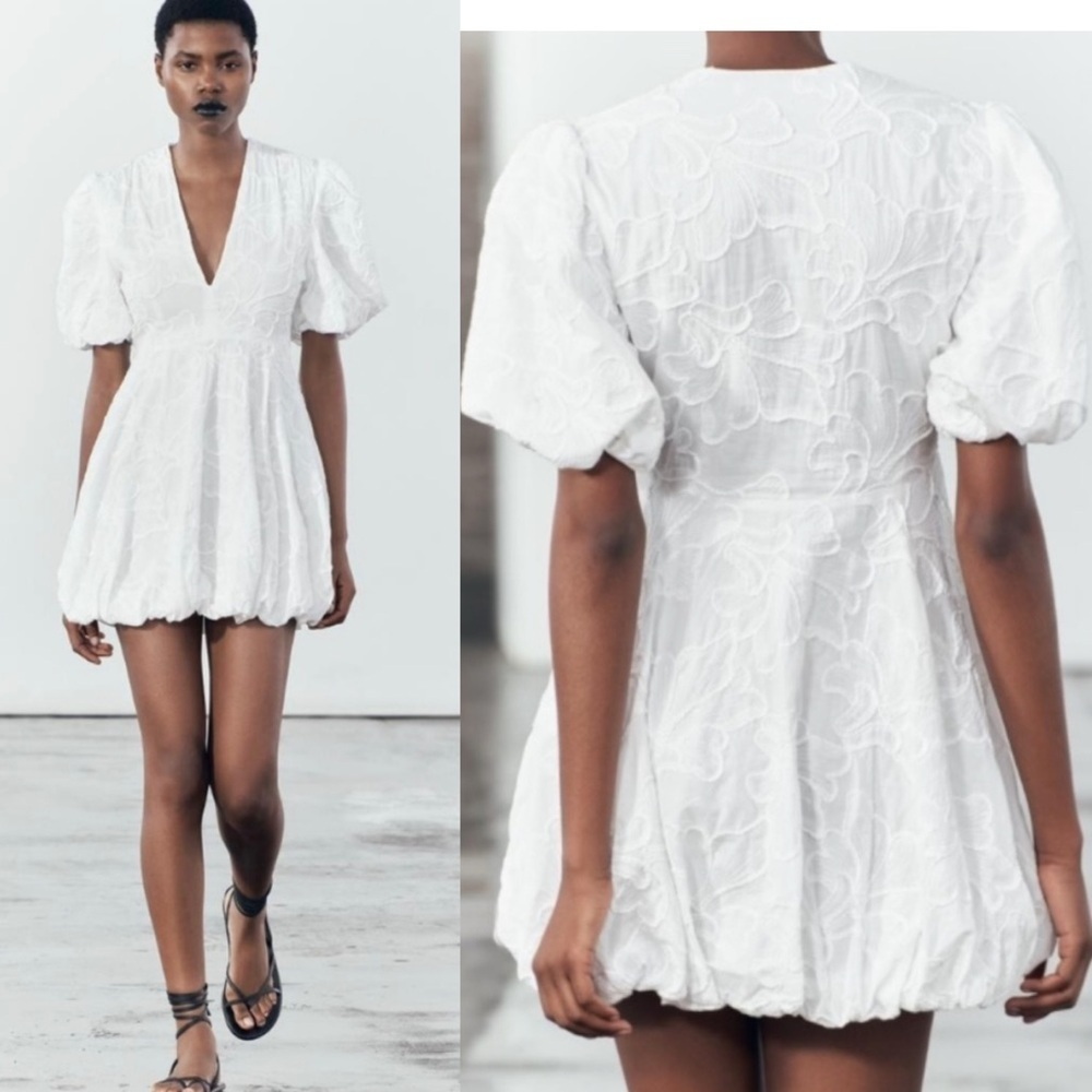 Christian Lacroix Floral Embroidery V Neck Puff Sleeve Bubble Hem Mini Dress - Picture 6 of 16